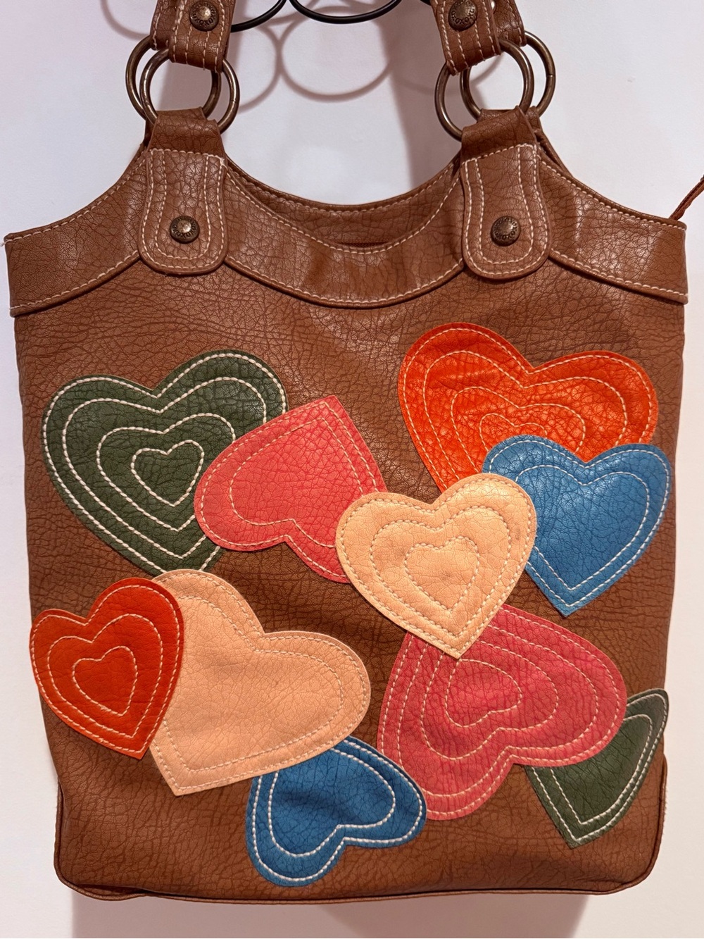 XOXO Brown Shoulder Bag with Multicolor Heart Appliqués